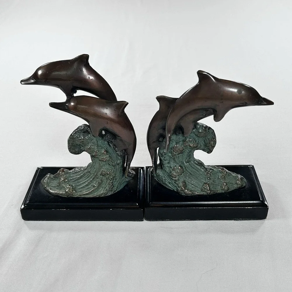 Vintage Brass Pair Of Dolphin Bookends Collectable Decor Figurines Waves MCM